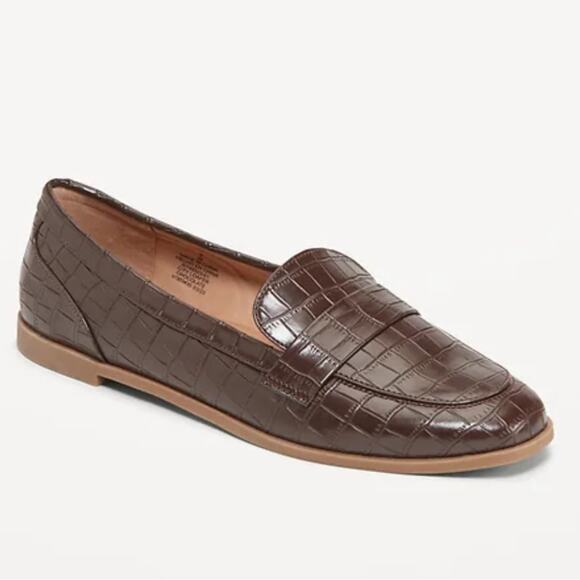 Old Navy 7 Glossy Brown Crocodile-Embossed City Loafers - Picture 1 of 9